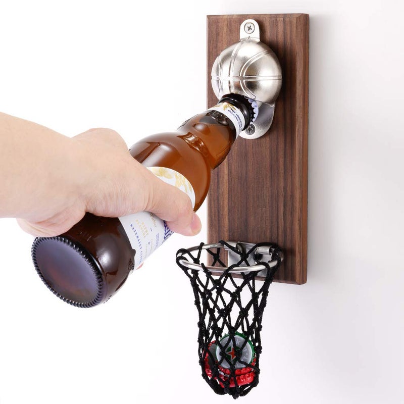 Arola Magnetic Basketball Bottle Opener, Wooden Wall Mounted Opener with Cap Collector Catcher, Ideal Gift for Basketball and Beer Lovers, Use as Kitchen-Yard-Bar Decoration - Image 1